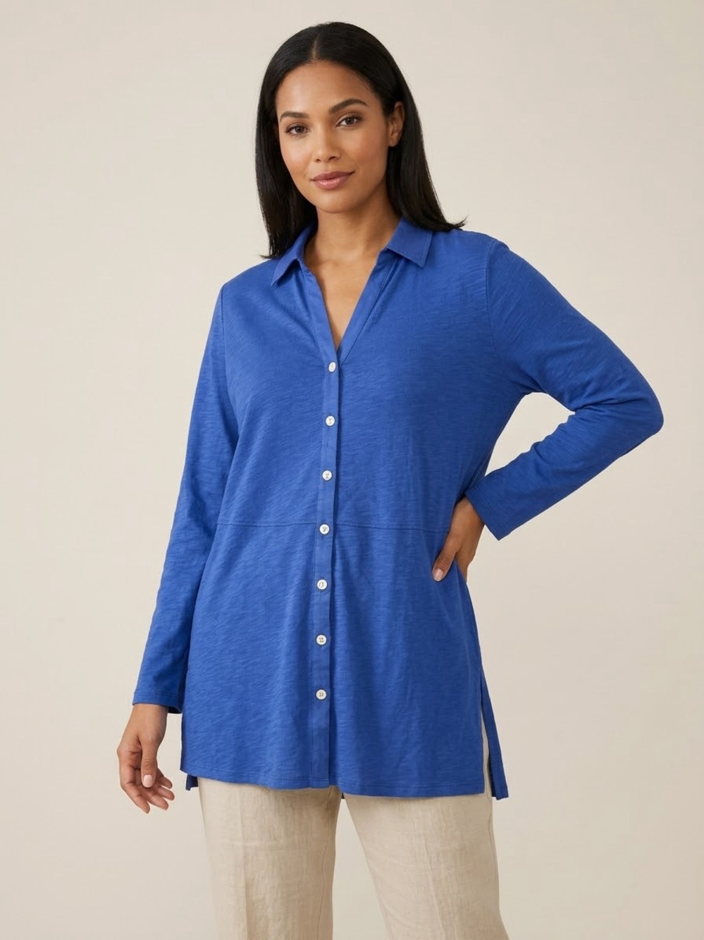 Soft Surroundings Cobalt Button-Front Longline Shirt